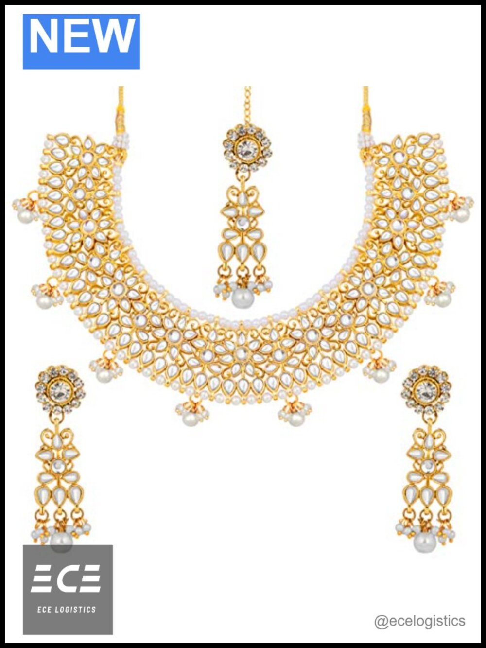 Kundan Beads Strand Necklace Earrings Maang Tikka Bollywood Jewelry Set
